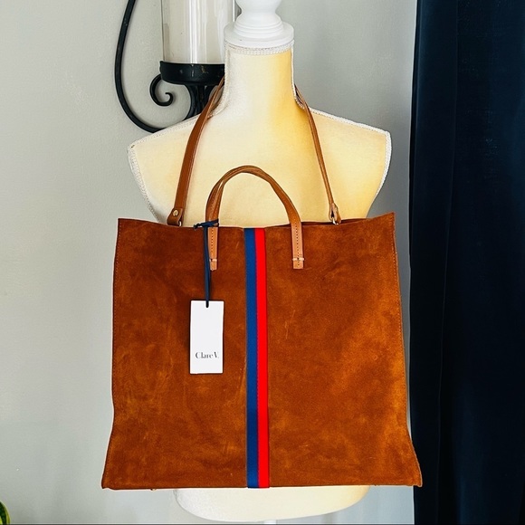 Clare V. Simple Tote Hobo Bag, Crossbody Strap, Chestnut Suede Stripe, NWT - Picture 1 of 16